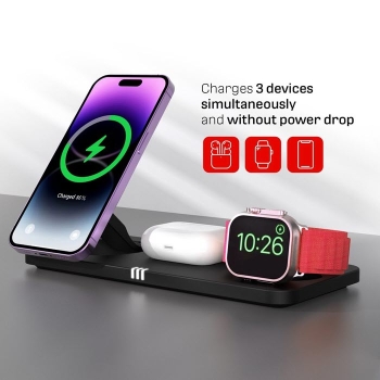Apple Watch iPhone AirPods 3in1 Ladestation für MagSafe Qi2 kabellos wireless am Tisch Zubehör online kaufen