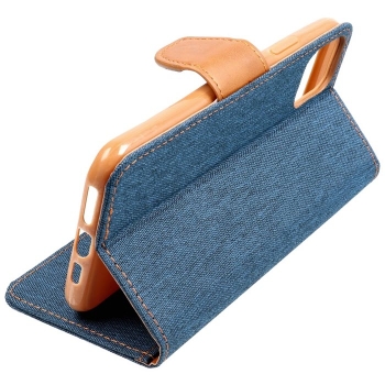 iPhone 12 Canvas Book Klapptasche textil in blau mit Magnetlasche aufgestellt online kaufen bestellen