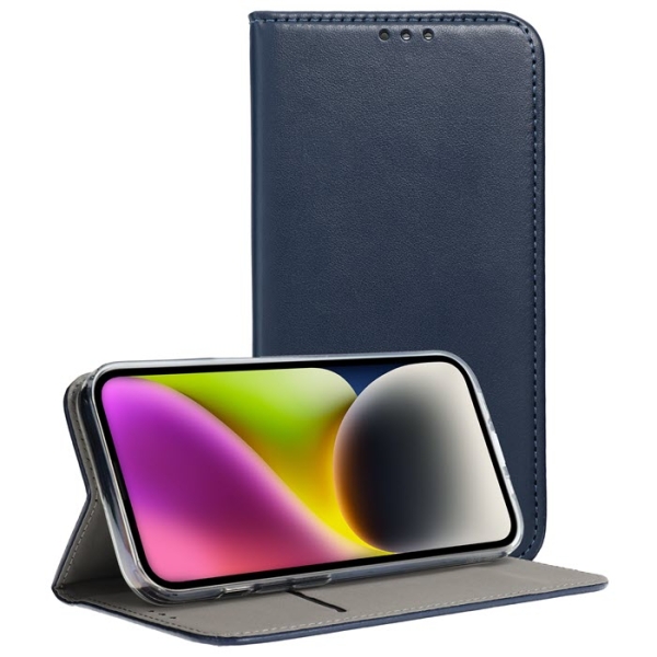 iPhone 14 Handytasche Magneto Book Case navy blau vorne und aufgestellt online kaufen bestellen