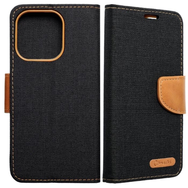 iPhone 14 Pro Canvas Book Klapptasche textil in schwarz mit Magnetlasche hinten und vorne online kaufen bestellen