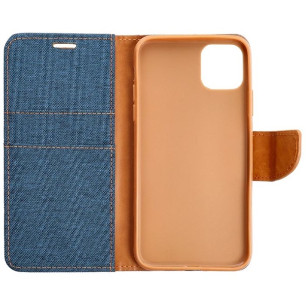 iPhone 13 Pro Max Canvas Book Klapptasche textil in blau mit Magnetlasche offen innen online kaufen bestellen