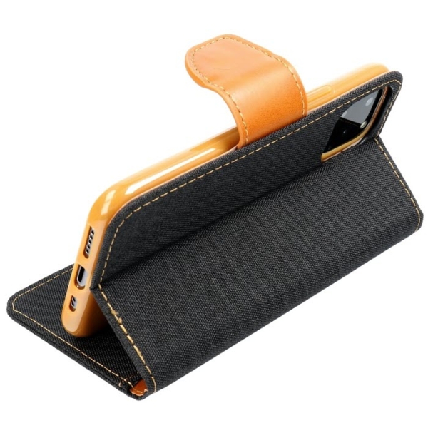 iPhone 16 Pro Max Canvas Book Klapptasche textil in schwarz mit Magnetlasche aufgestellt online kaufen bestellen