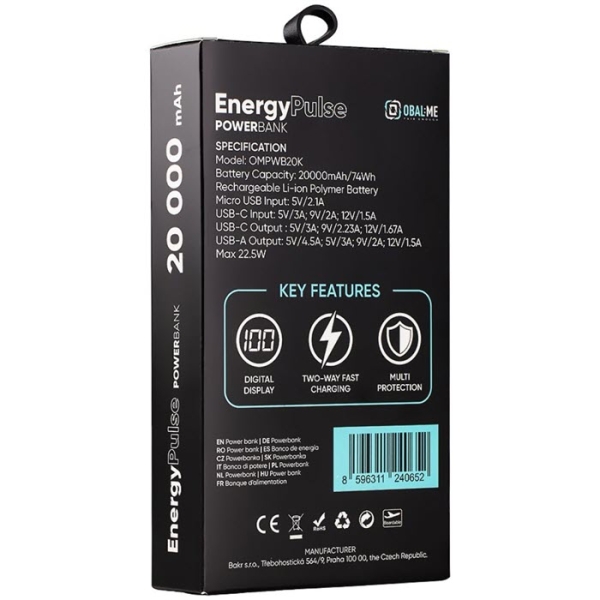 Fast Charge Powerbank OBAL:ME EnergyPulse QC PD Power Delivery 20000 mAh Verpackung hinten Online-Handyshop kaufen
