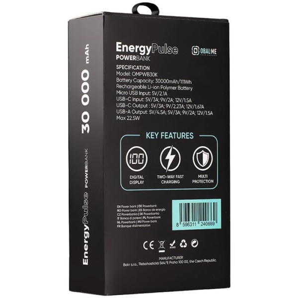 Fast Charge Powerbank OBAL:ME EnergyPulse QC PD Power Delivery 30000 mAh Verpackung hinten Online-Handyshop kaufen