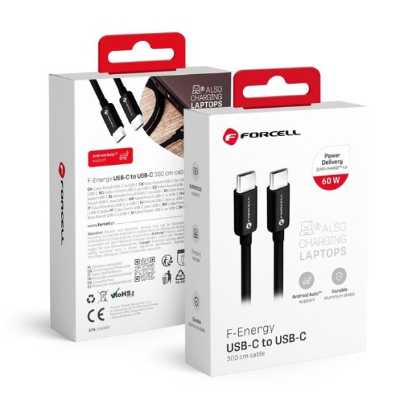 iPhone Ladekabel USB-C sehr lang mit 300 Zentimeter cm FORCELL F-ENERGY C338 schwarz Verpackung