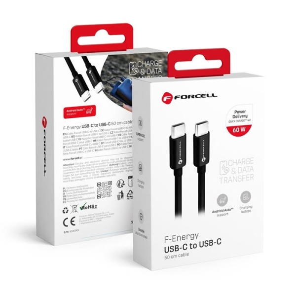 iPhone Ladekabel USB-C kurz mit 50 Zentimeter cm FORCELL F-ENERGY C338 schwarz Verpackung